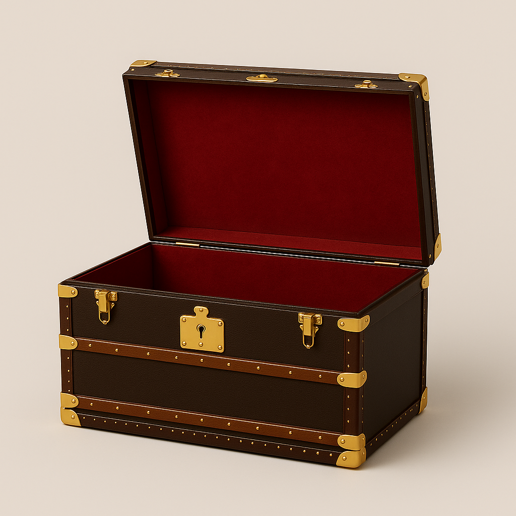 Baule in pelle marrone con angolari in ottone aperto con interno rosso, Piatti Milano