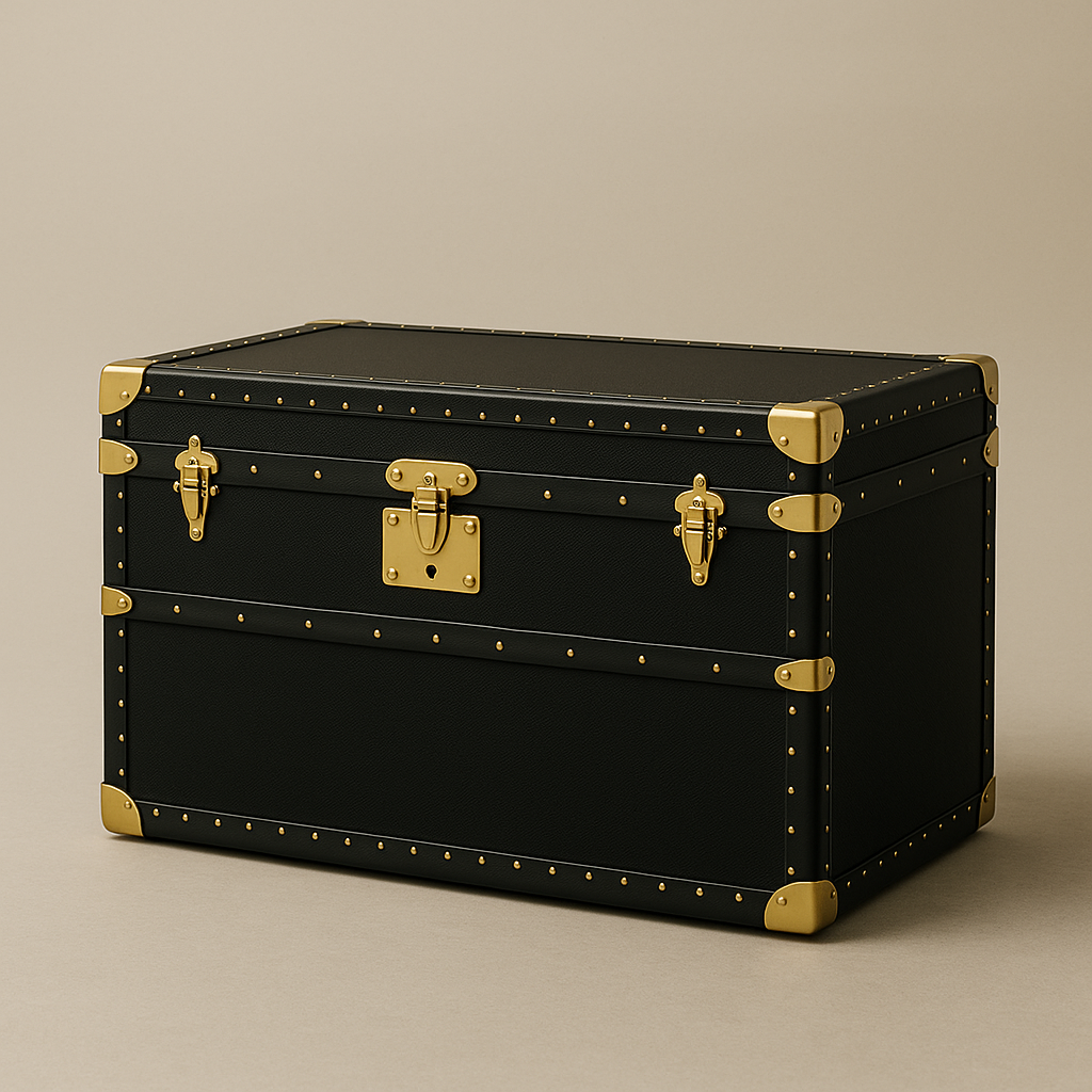 Baule in vera pelle nera con listelli e finiture dorate, steamer trunk Piatti Milano