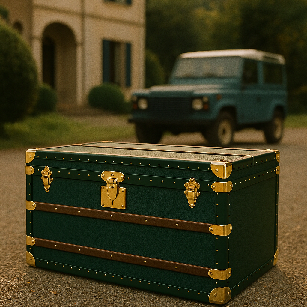 Baule in pelle verde scuro con finiture in ottone davanti a un'auto d'epoca verde, Piatti Milano