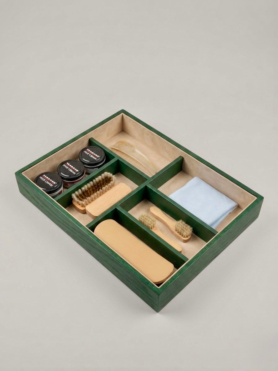 Vassoio Pulizia Scarpe in Legno e Pelle | Kit Completo con Spazzole | Made in Italy – Piatti Milano