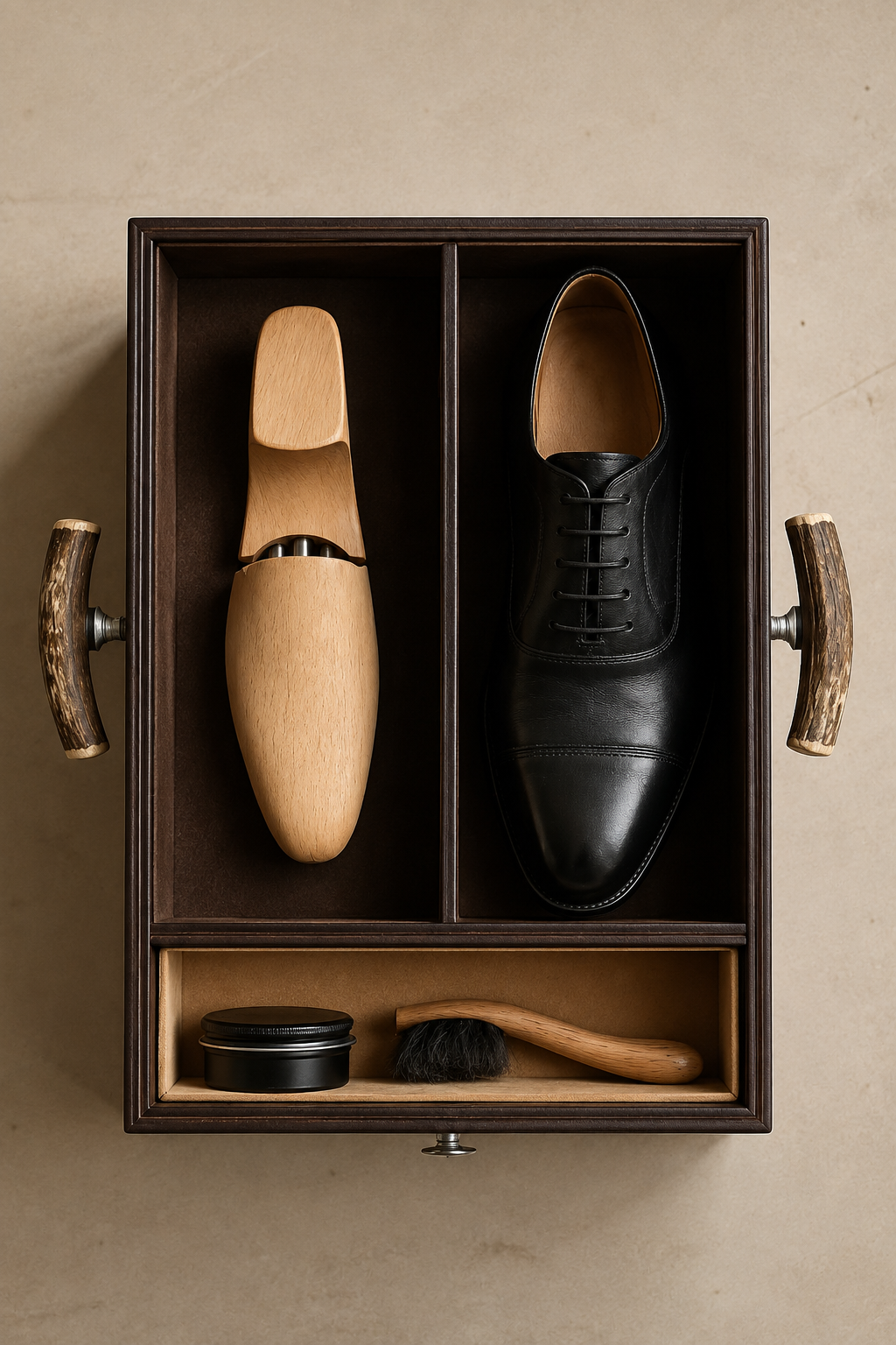 
Vassoio artigianale per la cura e pulizia delle scarpe in pelle con manici in vero palco di cervo, realizzato su misura da Piatti Milano.