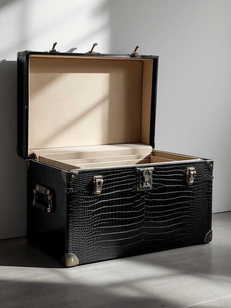 Baule in pelle scura aperto con interno chiaro, Piatti Milano