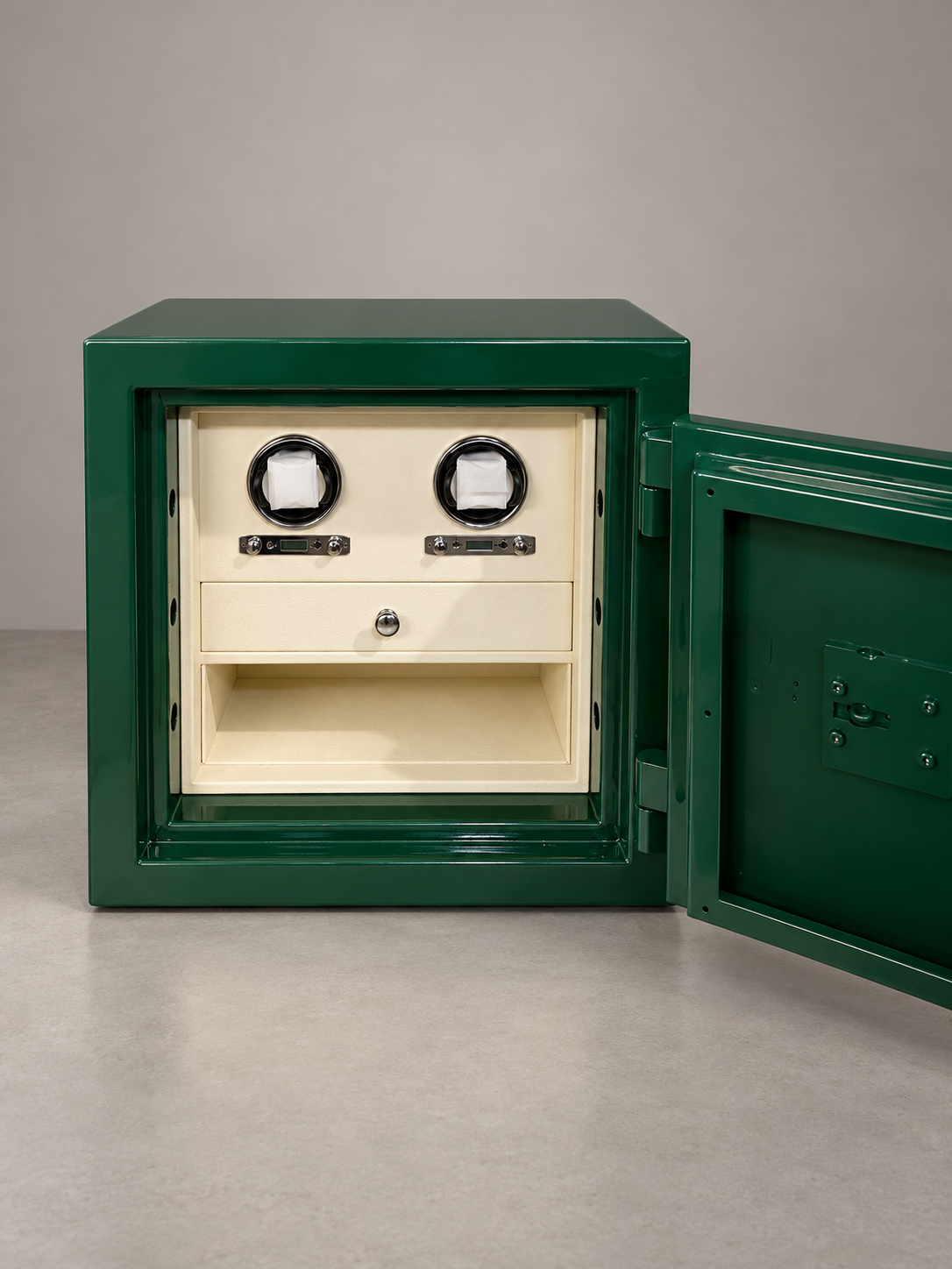 Cassaforte verde con modulo watch winder per 2 orologi, cassetto e vano con interno color crema, Piatti Milano