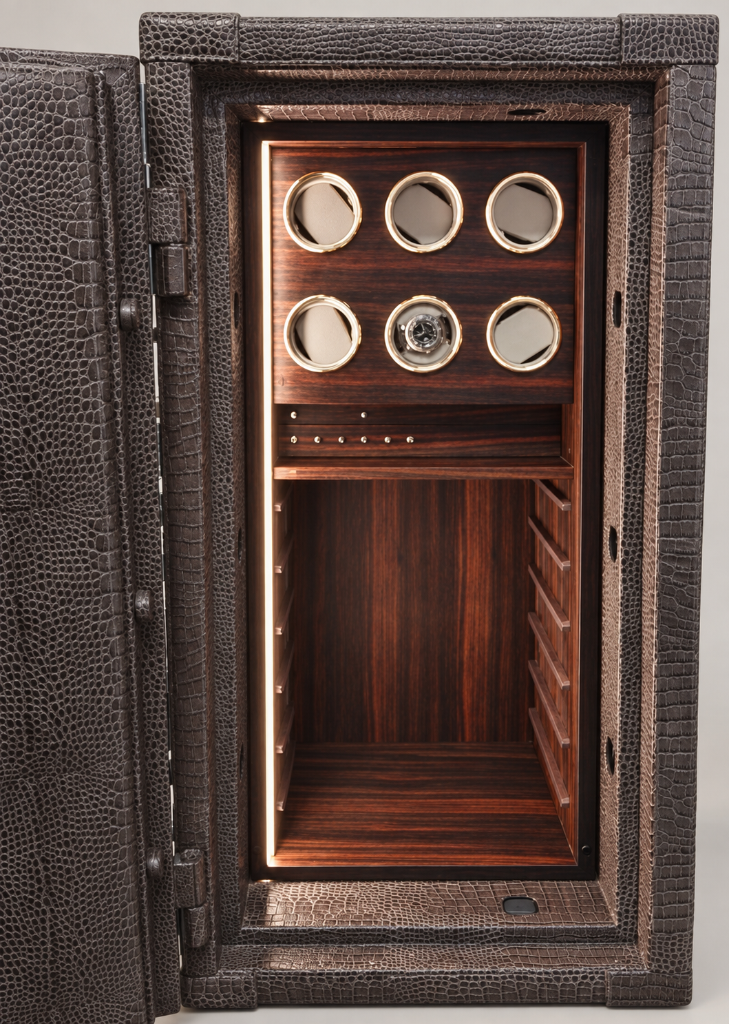 Interno di cassaforte su misura con watch winder per 6 orologi, cassetti e illuminazione, Piatti Milano