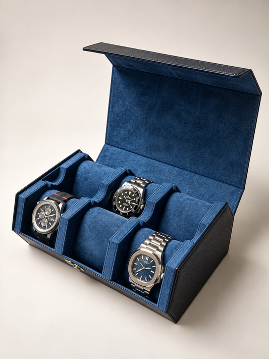 Custodia porta orologi a 6 posti con interno blu, cuscinetti removibili e rivestimento esterno nero, Piatti Milano Selection.