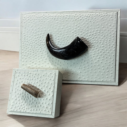 Scatola artigianale rettamgolare in vera pelle texture struzzo con manico in corno naturale di bufalo, realizzata su misura da Piatti Milano