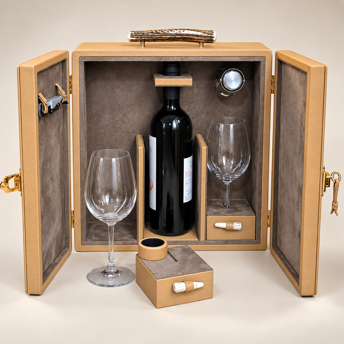 Valigetta porta vino artigianale in pelle con manico in corno naturale, interno su misura per bottiglia, due calici e accessori, realizzata da Piatti Milano.