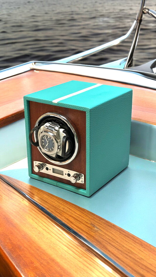 Watch Winder Portofino Limited Edition in pelle nautica turchese e bianco con fasciame in mogano – Piatti Milano"
